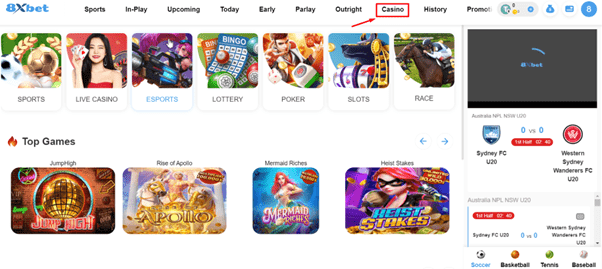 Đăng nhập và chọn casino trên 8xbet